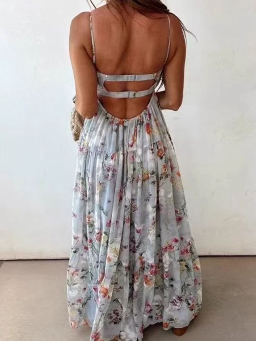 Light Blue Floral Open-Back Maxi Dress by